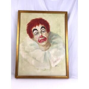 Vintage Signed Sad Clown Oil Painting by WREN ’79 Framed Original Artwork MCM
